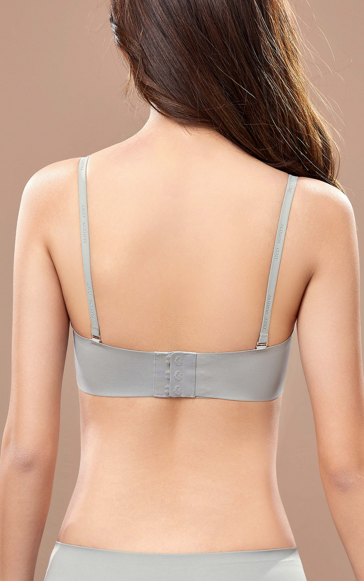 Back view of a gray seamless wireless tube top bra with detachable straps.