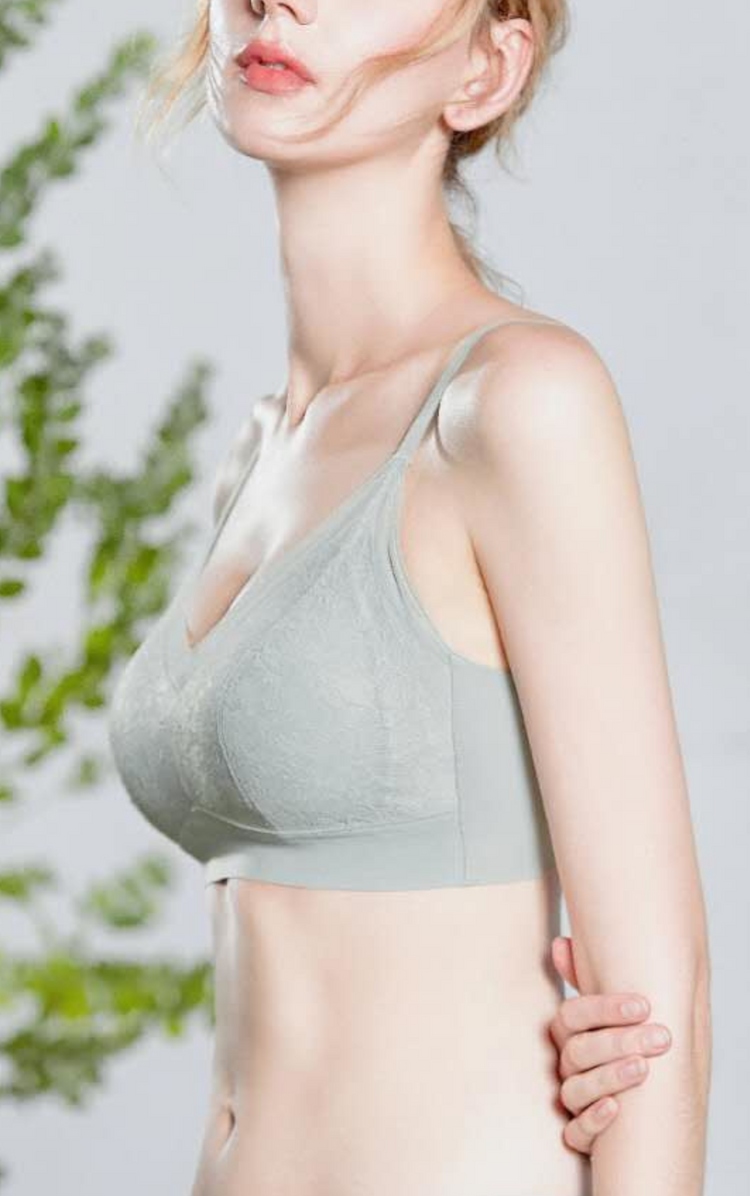 Side view of a gray wireless contour bra, highlighting the non-marking underbust band.