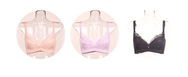 Collection of seamless push-up bras in different colors including black, purple, and beige.