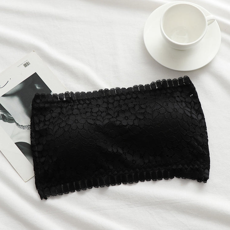 Black lace wireless tube top bra laid out flat on a white background.