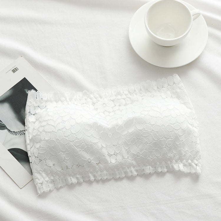White lace wireless tube top bra displayed on a white background, arranged neatly.