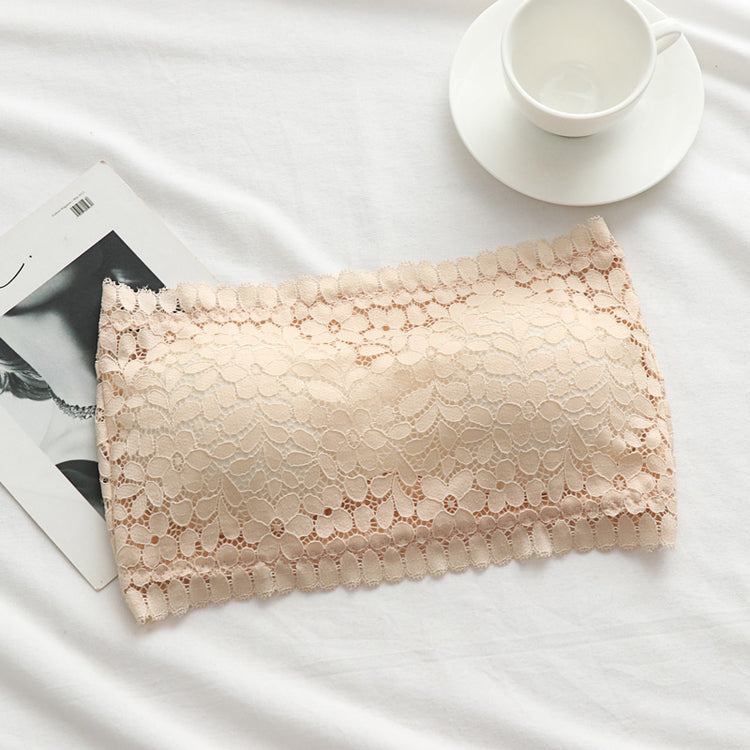 Beige lace wireless tube top bra on a flat white background.