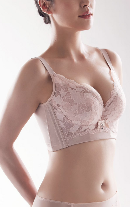 A soft pink lace underwire bra featuring intricate floral lace, a front bow charm, and full-coverage support for a flattering silhouette.