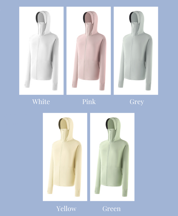 Set of sun protection jackets in different colors displayed