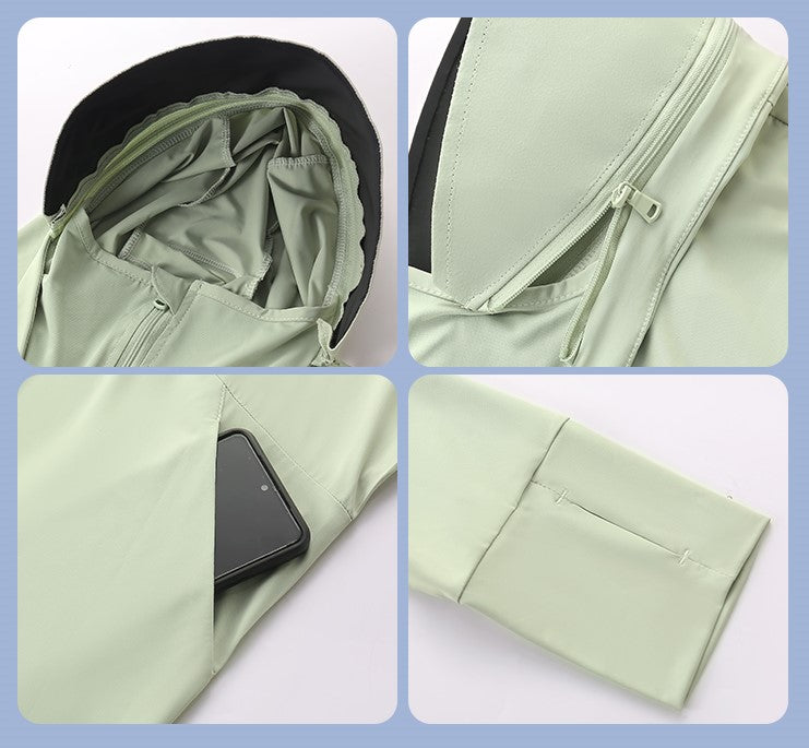 Close-up images of a green sun protection jacket showing the interior hood, detachable zipper on the hood, pocket with a phone inside, and the sleeve end with a thumbhole design.