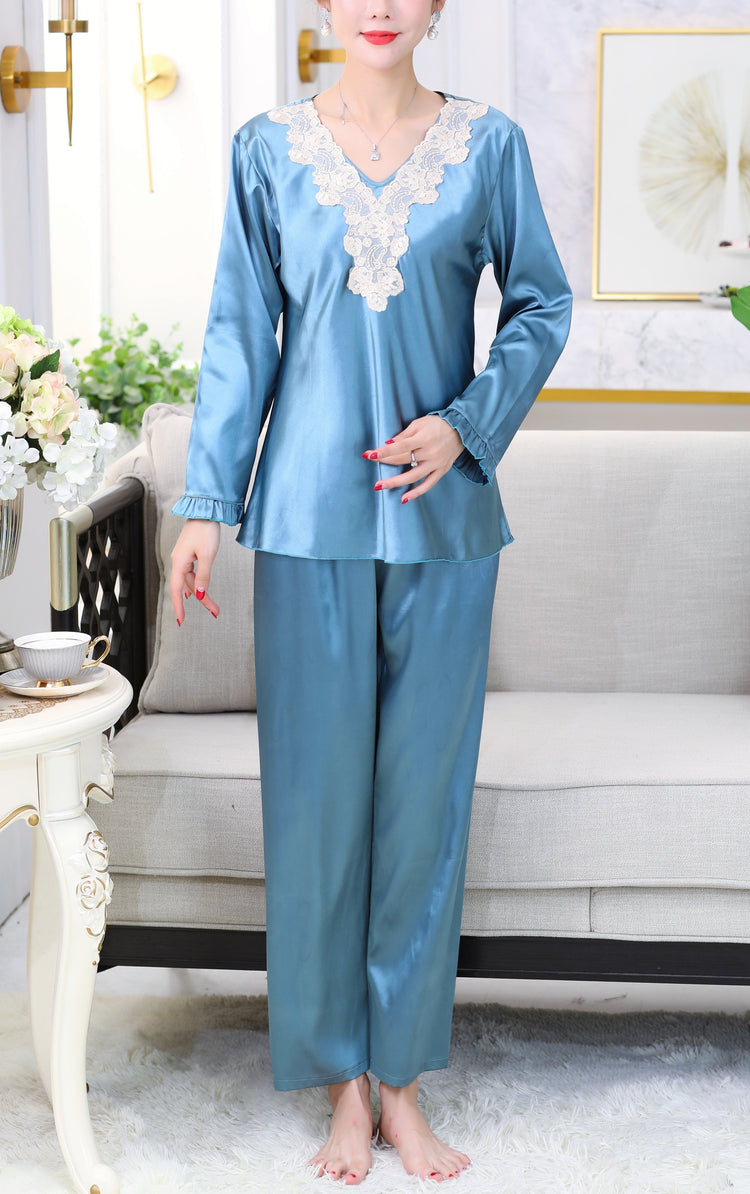 Classy Floral Lace Satin Pajamas #79001