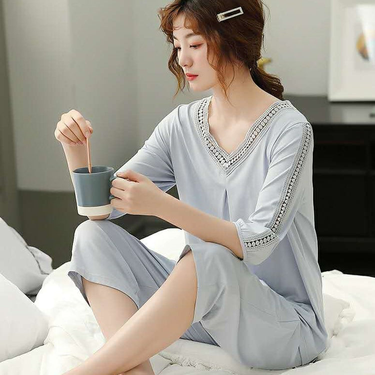 Breathable Comfy V-Neckline 3/4 Sleeves Pajamas #7211