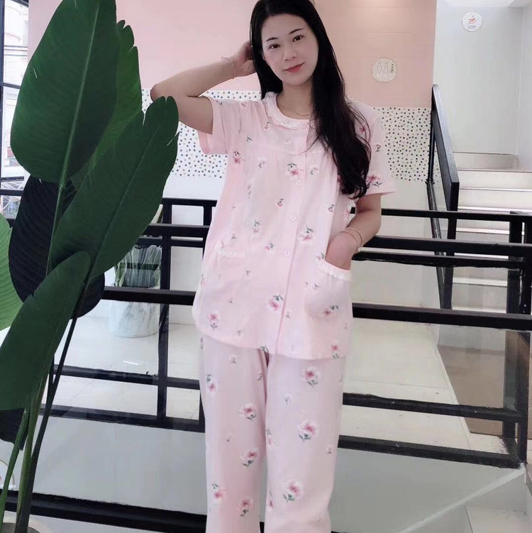 棉睡衣 - 花粉红色纯棉短袖睡衣＃7562