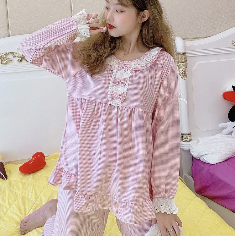 Cotton Pajamas - Checkered Baby Doll Long Sleeve Pajamas #73496