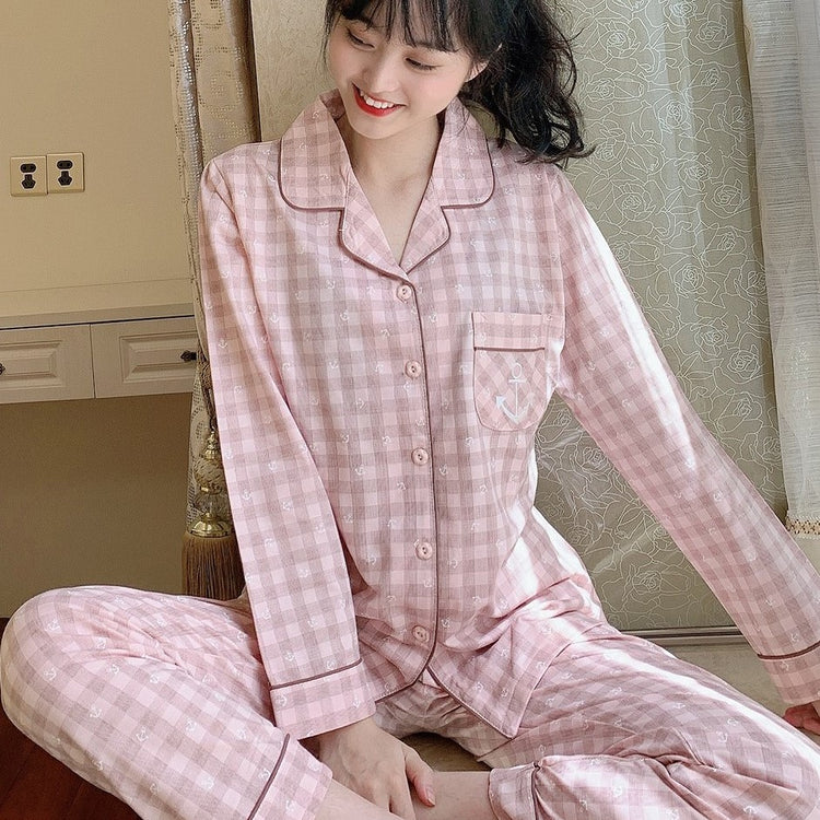 棉睡衣 - 可爱的方格长袖睡衣＃73503