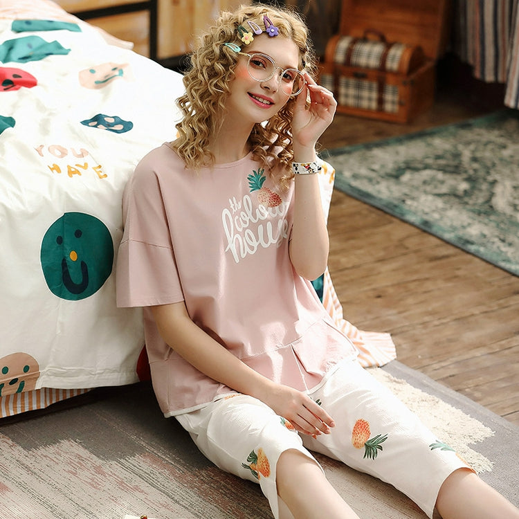 Cotton Pajamas - Pleated Pink Fruit Print Short Sleeve Pajamas #76023