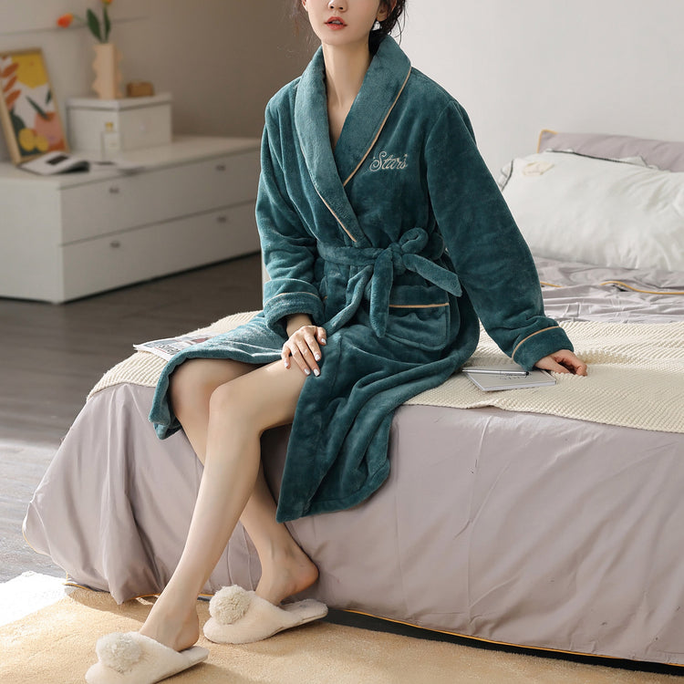 Embroidery Long Dressing Robe Soft Fleece Pajamas #78028